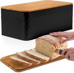 Bread Box - Bread Container with Cutting Board - Bread Box for Countertop – Metal Bread Bin with Bamboo Lid – Kitchen Storage - Farmhouse Decor (Black)