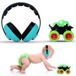 RATURISH Noise Cancellation Earmuffs For Kids with Free Monster Truck Toy | Baby Hearing Protection | Comfortable Ear Muffs for Kids Ages 0-3 | Adjustable | Safe Soundproof Headphone For Babies (Mint)