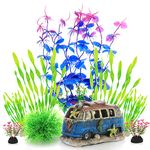 ALEGI Fish Tank Decorations Plants with Resin Cave Rock View, Aquarium Decor Accessories Plastic Plants, Fish Cave and Hideout Ornaments (Purple Set)