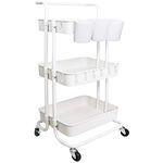 Freletry 3 Tier Rolling Utility Cart Multifunction Storage Organizer Shelf Rack with Lockable Wheels 3PCS Cups and 8PCS Hooks for Home Office Kitchen Bathroom Store (White)