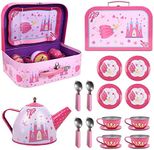 SOKA Fairy Tale Princess Metal Tin Teapot Set with Carry Case Toy for Kids - 18 Pcs Illustrated Colourful Design Toy Tea Party Set for Boys and Girls Pretend Role Play