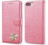 QLTYPRI Wallet Case for iPhone 7/8/SE 2020/SE 2022 5G, Glitter PU Leather Case Card Holder Kickstand Wrist Strap Inlaid Heart Diamond Flip Folio Cover for iPhone 7/8/SE 2020/SE 2022 - Pink