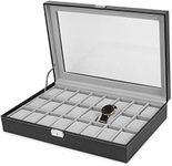 NOVA JUNS Watch Box 24 Slots Mens Watch Organizer Lockable Jewelry Display Case with Real Glass Top Black Faux Leather