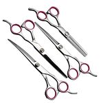 7 Inch, 4 Pcs/ Set 4CR Stainless Steel Heavy Duty Titanium Coated Pet Grooming Scissors Kit ,Safety Round Tip- Thinning, Straight, Curved Shears for Long Short Hair for Dog/Cat, Dog Scissor, Dog Grooming Kit, Scissor for Dog Hair Cutting