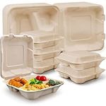 8X7.5'' 3-Compartment Clamshell Take Out Food Container,80 Pack 100% Compostable Disposable To Go Containers with Hinged Lid,Heavy-Duty To Go Boxes for Cupcake Salads Fruit Sandwiches