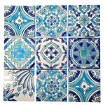 Set of 9 Decorative Ceramic Tiles – Hand Painted Indoor & Outdoor – Spanish Artisan Top Kitchen – Mediterranean Decorative Tilles 4x4" / One Tile – Durable Colorful – 140 g each (Turquoise & Blue)