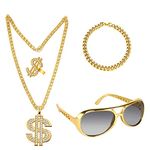 prota 4Pcs Hip Hop Costume Kit, 80s 90s Dollar Sign Necklace Sunglasses Bracelet Rings Hip Hop Costume Set for Women Men Rapper Fancy Dress Carnival Accessories