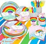 Rainbow Birthday Party Supplies, 141pcs Rainbow Plates and Napkins Party Supplies - Pastel Rainbow Party Plates Cups Napkins Table Cloths etc Rainbow Birthday Tableware for Girls Birthday, Serves 20