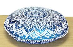 32" Mandala Large Floor Pillow Cover Meditation Cushion Seating Throw Hippie Round Colourful Decorative Bohemian Accent Boho Chic dog bed Indian Pouf Ottoman Handmade COVER ONLY (Ombre-Blue)