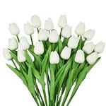 WISTART 20pcs Artificial Tulips Flowers Fake Faux PU Tulip Bouquet Real Touch Flower Arrangement for Home Room Office Party Wedding Decoration Excellent Gift Idea for Mothers Day (White)