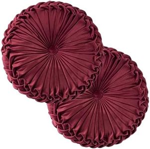 Teieas 2 Pcs Round Throw Pillows Decorative Pumpkin Velvet Boho Pleated Bed Pillows Back Support for Couch Chair Dorm Car 14.96'' (Burgundy)