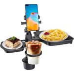 BROGBUS 5 in 1 Car Cup Holder Tray Table with Phone Holder Adjustable Dual Cup Holder Expander with 360° Rotation Multifunctional Car Food Tray for Eating, Drinks & Storage