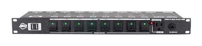 ADJ Pow-R Rack 19 Inch Heavy Duty USB AC Power Center - 10 3 Prong Edison Outlets - 2 USB Charging Ports - Max Load 15A or 1800 Watt - Resettable Circuit Breaker