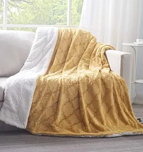 Tache Mustard Yellow Moroccan Lattice Diamond Pattern Warm Soft Faux Fur White Sherpa Back Blanket, Queen, 90x90