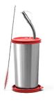 Signora Ware Sip Fast Small Stainless Steel Glass with 1 Straw and 2 Lids, 420Ml, Red