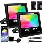 Nuoante 2 Pack 60W RGB LED Flood Lights Outdoor with Spike Color Changing,APP Remote Control Stage Landscape Lighting DJ Lights for Parties Music Sync Timer Waterproof for Garden Wall Washer Lights