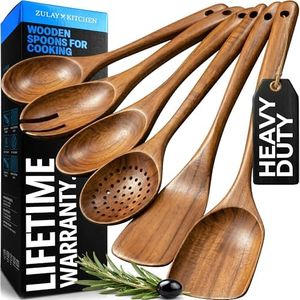 Zulay Kitchen 6-Piece Wooden Spoons for Cooking - Smooth Finish Teak Wooden Utensils for Cooking - Soft Comfort-Grip Wood Spoons for Cooking - Non-Stick Wooden Cooking Utensils - Wooden Spoon Sets