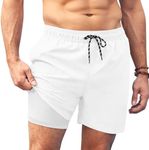 COOFANDY Men Swim Trunk with Compression Liner 2 in 1 Swimwear Bathing Suit Quick Dry Board Short, B White, X-Large