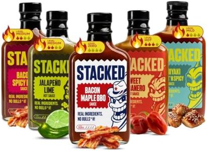 Stacked Hot Sauce Variety Pack - Original Jalapeño, Sweet Habanero, Jalapeño Lime, Bacon Spicy BBQ, and Teriyaki - Pack of 5, 6.7 fl oz Each - Real Ingredients, No Bull - Mild to Hot Heat Levels
