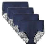 LIQQY Women's 3 or 4 Pack High Waist Comfort Cotton Lace Coverage Full Rise Briefs Underwear (Small, Navy Blue)