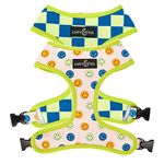 Lucy & Co. Lime Green with Blue Checker Smiley Faces, Cute Reversible Dog Harness Walking Halter - Best Designer Pet Harnesses for XS - XL Dogs - Padded Adjustable Vest for Easy Walking (Small)