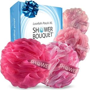 SHOWER BOUQUET Pink-Loofah Bath-Sponge XL 4-Pack // Extra Large 75g Soft Mesh Net Pink Loofa Loufa Luffa Lufa Puff Set/Exfoliating Body Scrubber for Women and Men - Exfoliate & Soothe Face & Body