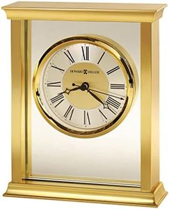 Howard Miller Monticello Brass Tabletop Clock – Modern Desk Clock with Glass Panel, Quiet Quartz Movement, Roman Numerals, Polished Brass Bezel, Brushed Silver Dial Ring, Stylish Home Décor