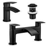 Peppermint Bath and Basin Mixer Taps Set with Pop up Slotted Basin Waste Matte Black Waterfall Bathroom Sink Tap & Bathtub Filler Tap Tub Faucet Cloakroom Mono Brass Deck Mount