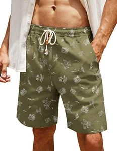 COOFANDY Men's Linen Shorts Casual Elastic Waist Drawstring Summer Beach Shorts, Green Palm, Medium