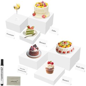 SHUNKAIZS Acrylic Buffet Risers, 6 Pcs Risers Display Stands, White Food Risers for Buffet Table, Acrylic Display Cube Box, Nesting Risers for Display Dessret Purse Shoe Jewelry, with 4 Mini Signs