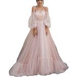 TPonline Tulle Off Shoulder Court Train Prom Dress Long Sweetheart Puff Sleeves Wedding Gown with Lace Up 6 Pearl Pink