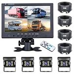 Vehicle Backup Camera with 9 inch Monitor, Rear View Cameras Hard Wired 4 Split Screen Monitor with 2 Front View Cameras 2 Reversing Cameras, 4 Pin Aviation Cable (32ft / 65ft) for Bus/RV/Truck