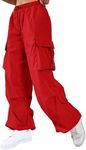 SweatyRocks Women's Drawstring Elastic Waist Loose Pants Casual Flap Pocket Cargo Pants Trousers Red M