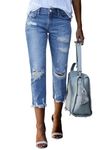 Sidefeel Women's Ripped Jeans Straight Leg Distressed Boyfriend Denim Pants, Blue, 16