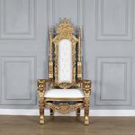 Throne Chair - Gold Frame & White Faux Leather - Lion Chair Carving