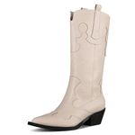 mikarka Women's Embroidered Two-Tone Cowboy Boots Western Cowgirl Boots Fashion Snip Toe Chunky Heel Pull On Circus Mid Calf Boots, Beige, 8 UK