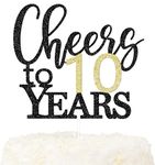 LOVENJOY Cheers to 10 Years Cake Topper for Happy 10th Birthday Anniversary Cake Decorations, Dual-Side Glitter Black and Gold