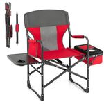 SPOTRAVEL Folding Directors Chair, 180KG Capacity Heavy Duty Oversized Camping Chair for Adults with Side Table, Storage Pocket & Cooler Bag, Outdoor Portable Picnic BBQ Fishing Chair (Red + Grey)