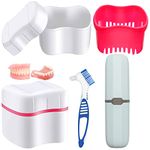 Hioph Denture Bath Box, Denture Brush Cleaner Cup with Rinsing Basket, Denture Retainer Mouth Guard Care Kit, Denture Bath Container Toothbrush Case for Travel Soaking and Cleaning Pink