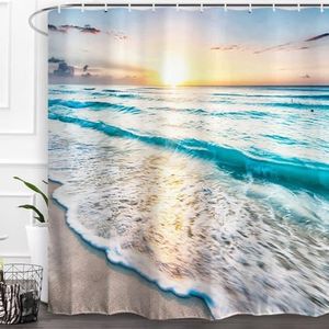 Baccessor Tropical Sea Beach Ocean Waves Shower Curtain Seaside Scene Island Hawaiian Sunrise Beach Theme Waterproof Fabric Shower Curtain with Hooks,72" W x 72" H (180CM x 180CM) - Sea Sunrise