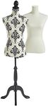 BTFY Mannequin Female - Dressmakers Tailors Dummy w/ 2 Removable Covers - UK Size 8/10 Decorative Dress Form Body w/ Adjustable Height - Seamstress Model for Shop Display - Plain White & Black Damask