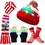 6 Pcs LED Light up Christmas Hat for Kids Teens Light up Scarf LED Gloves Crew Socks Holiday Christmas Hat Beanie Knit Cap (Classic Style)