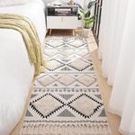 ALSTONIA Hand Woven Tufted 100% Natural Cotton Export Quality Designer Rug,Carpet, Bed Side Runner with Tassels for Bedroom,Living Room, Size-2x5 feet or 60 cms x 152 cms, Pack of 1 (White & Black)