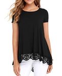 Qixing Womens Summer lace Tunic Tops Tshirts Round Neck A-line Loose Casual Short Sleeve Black Medium