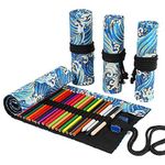 DIYOMR 24/36/72 Slots Pencil Wrap Pencil Rolls, Artist Colored Pencils Roll Up Bag Short Brushes Pouch Case Pencils Organizer for Drawing Coloring and Sketching (Blue Ocean, 24slots)