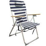 Caribbean Joe Folding Beach Chair, 4 Position Portable Backpack Foldable Camping Chair with Headrest, Cup Holder, and Wooden Armrests, Navy/White