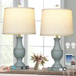 Farmhouse Table Lamps Set of 2, Rustic Touch Control Bedside Lamps with 2 USB Ports & AC Outlet, Vintage 3-Way Dimmable Nightstand Lamp Linen Fabric Shade for Living Room Bedroom End Table Decor Blue