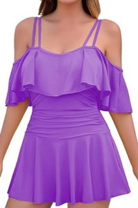 COCOPEAR Women's One Piece Flounce Swimsuit Off Shoulder Bathing Suit Tummy Control Swimdress MediumPurple 2XL/14-16