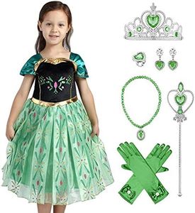 IWEMEK Filles Déguisements Princesse Anna Robe + Accessoires Reine des Neige 2 Costume de Carnaval Halloween Noël Robes de fête Soirée Cérémonie Habillée Anniversaire Vêtements Vert Set 2-3 Ans