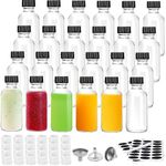 24 Pack 2 Oz Glass Bottles with Lids Clear Juice Shot Bottles with Cap Small Boston Round Sample Bottles for Liquid, Ginger, Juice, Whiskey Sample, Potion-Shrink Capsules, Labels,Funnel